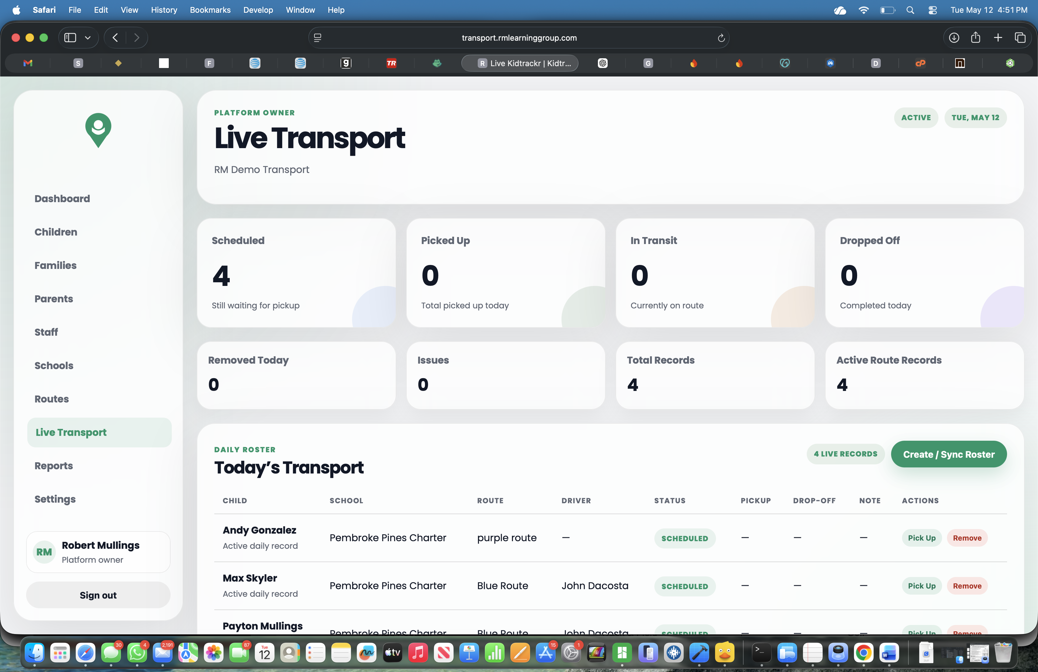 Kidtrackr live transport dashboard preview