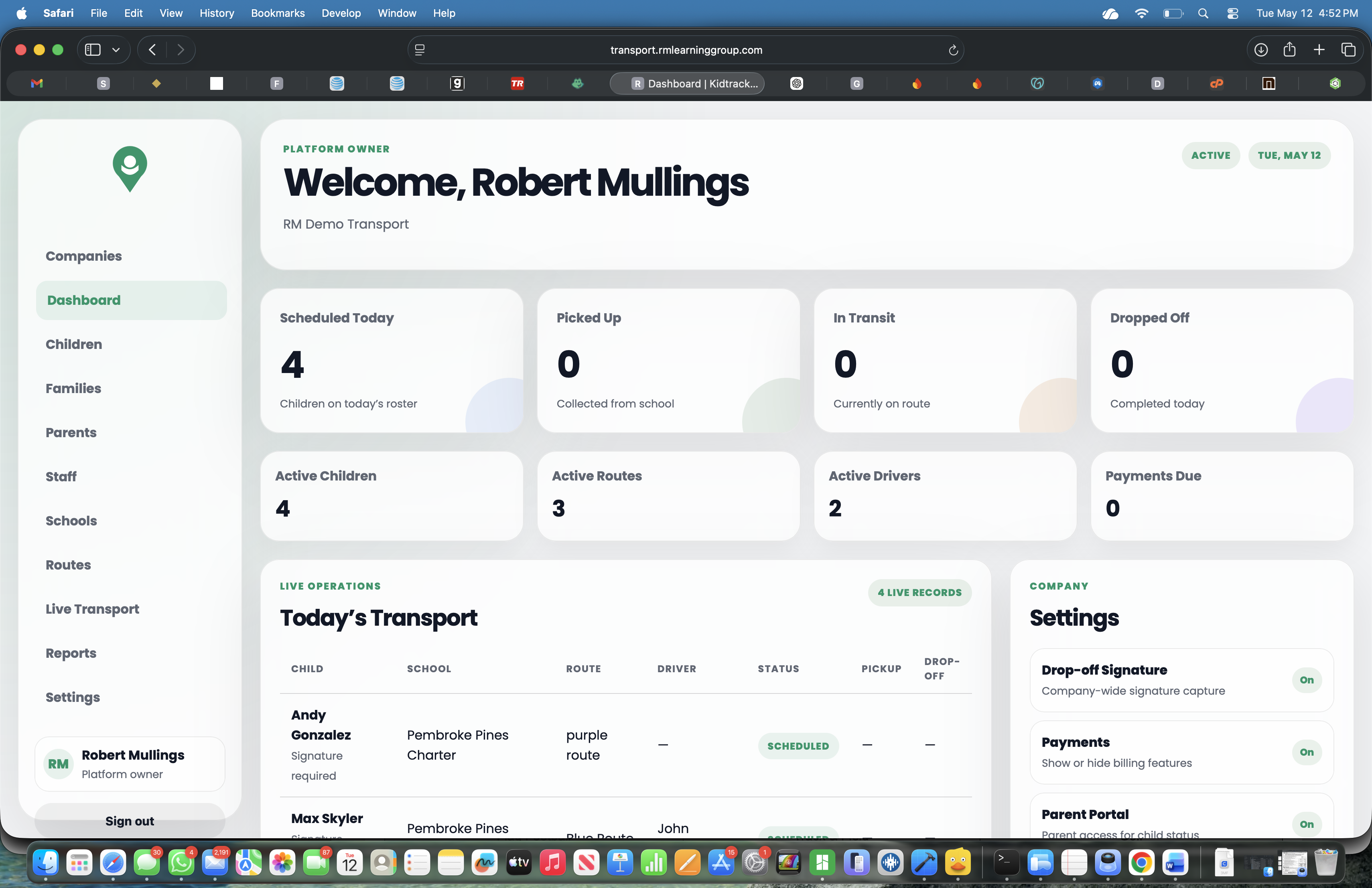 Kidtrackr live transport screen